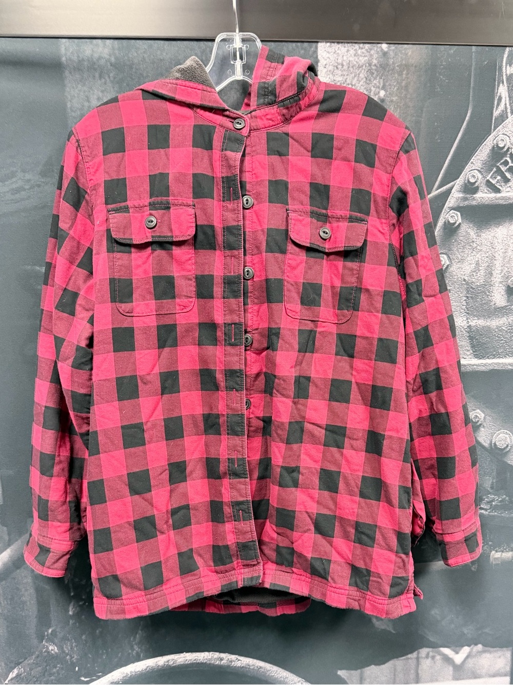L.L. Bean Plaid Button Up fleece jacket with hood Mens Large